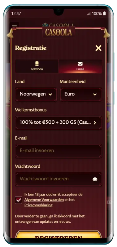 Casoola Casino registratieformulier scherm